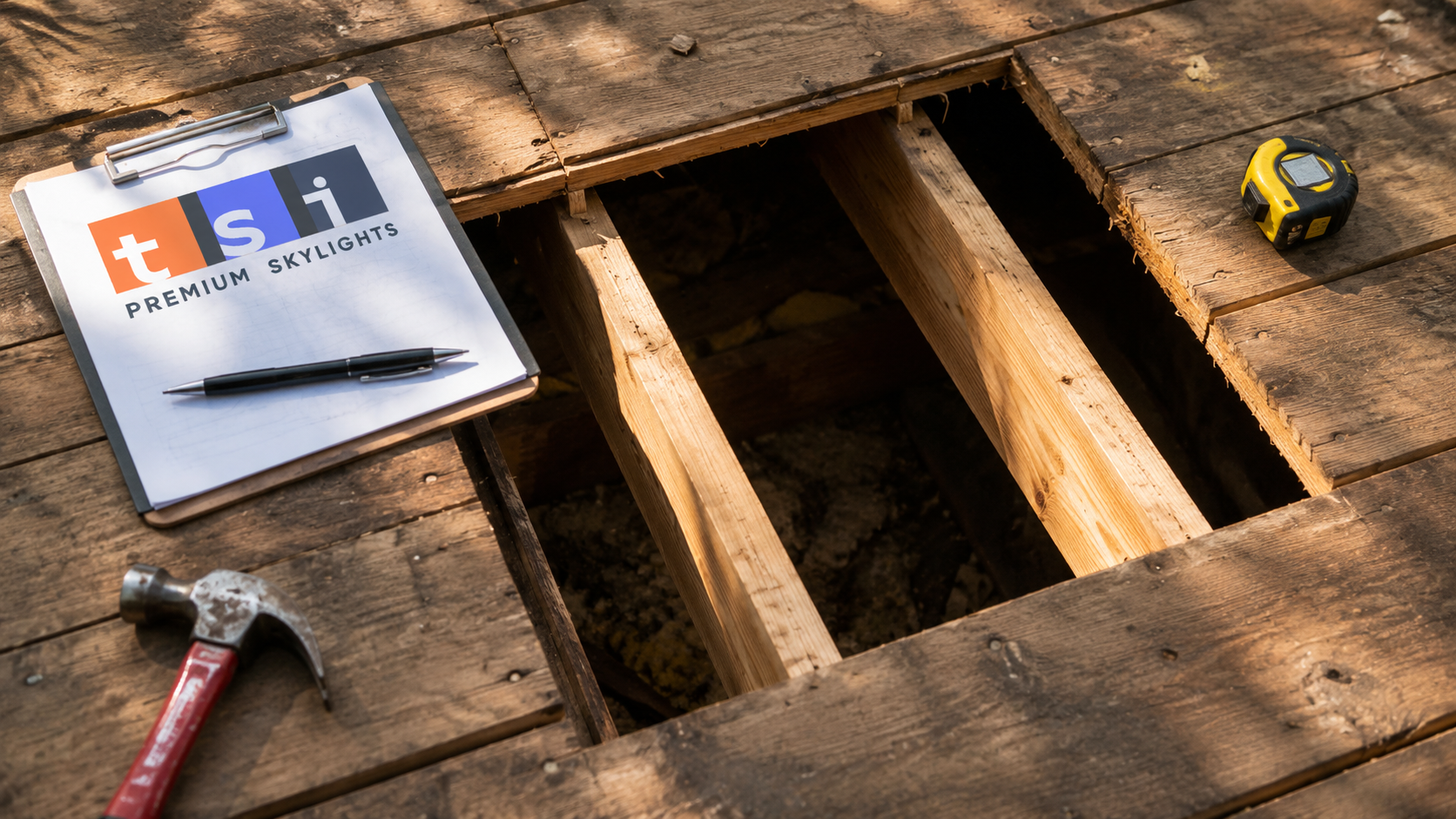 Close view of older plank roof sheathing and rafters exposed around a skylight opening