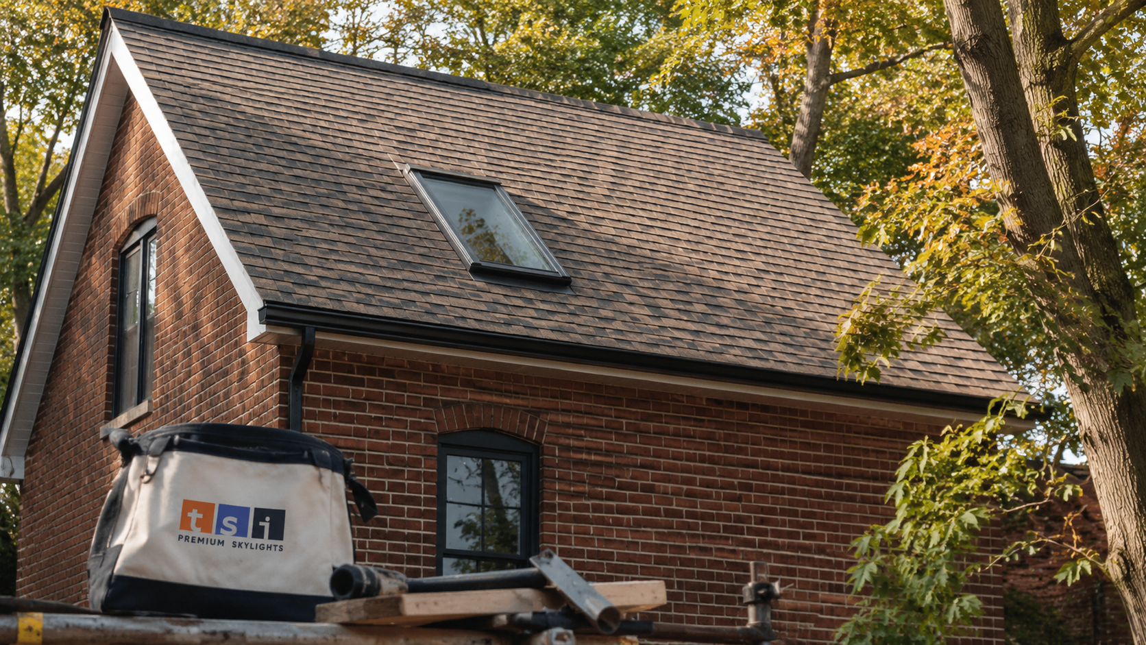 Skylight fitted into the steep shingle roof of an older East York brick home in autumn