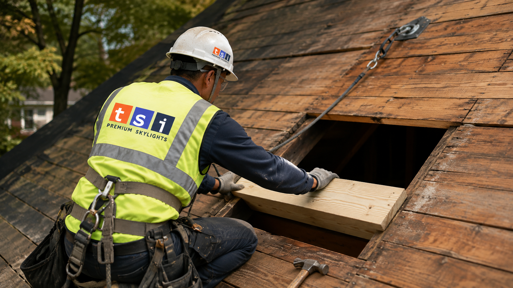 Installer framing a headed rough opening in an older roof deck for a skylight