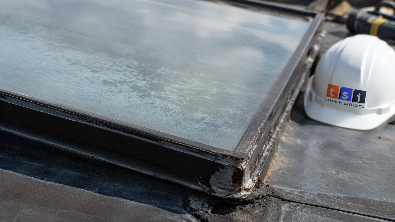 Close view of a fogged skylight pane showing failed insulated glass seal