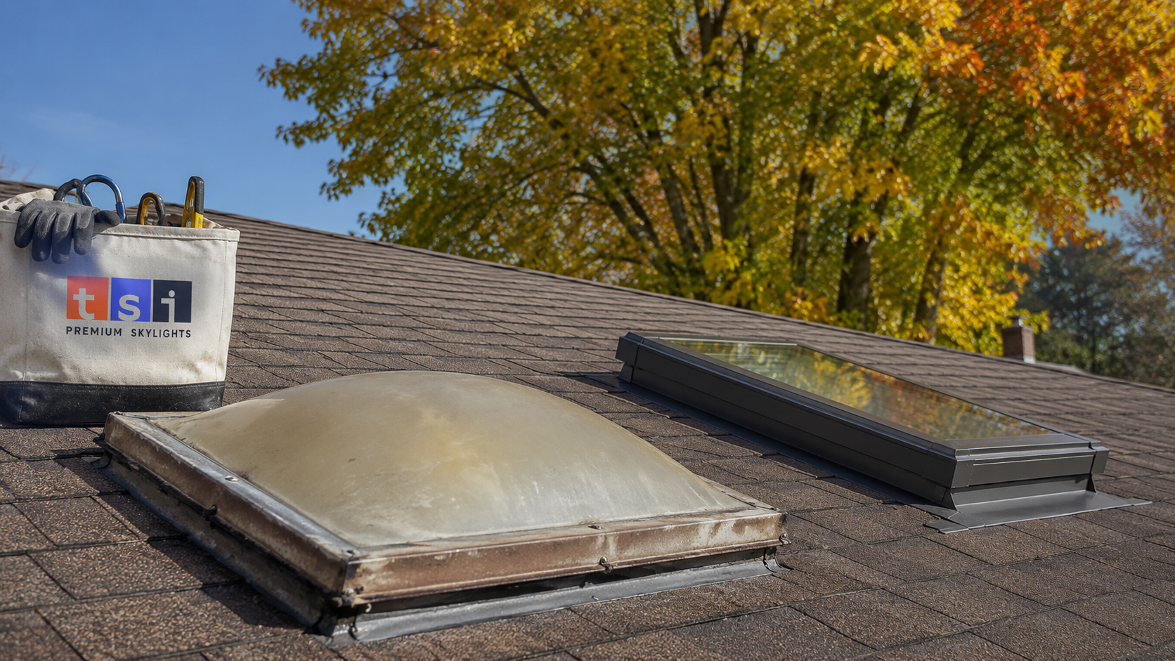 Aging clouded acrylic dome skylight beside a clear new glass unit on an Etobicoke roof