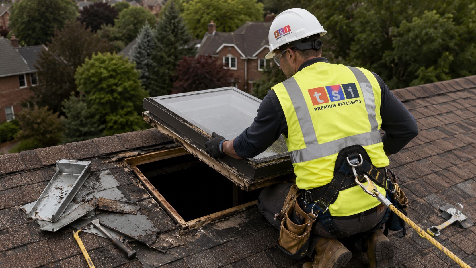 Installer removing an old skylight unit from an Etobicoke roof opening