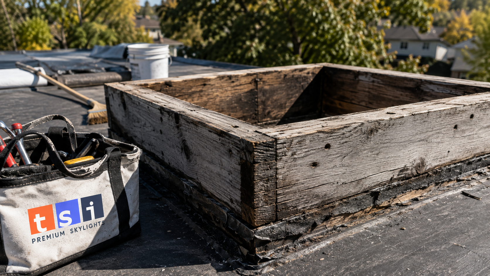 Close view of a weathered timber skylight curb showing soft rotted corners