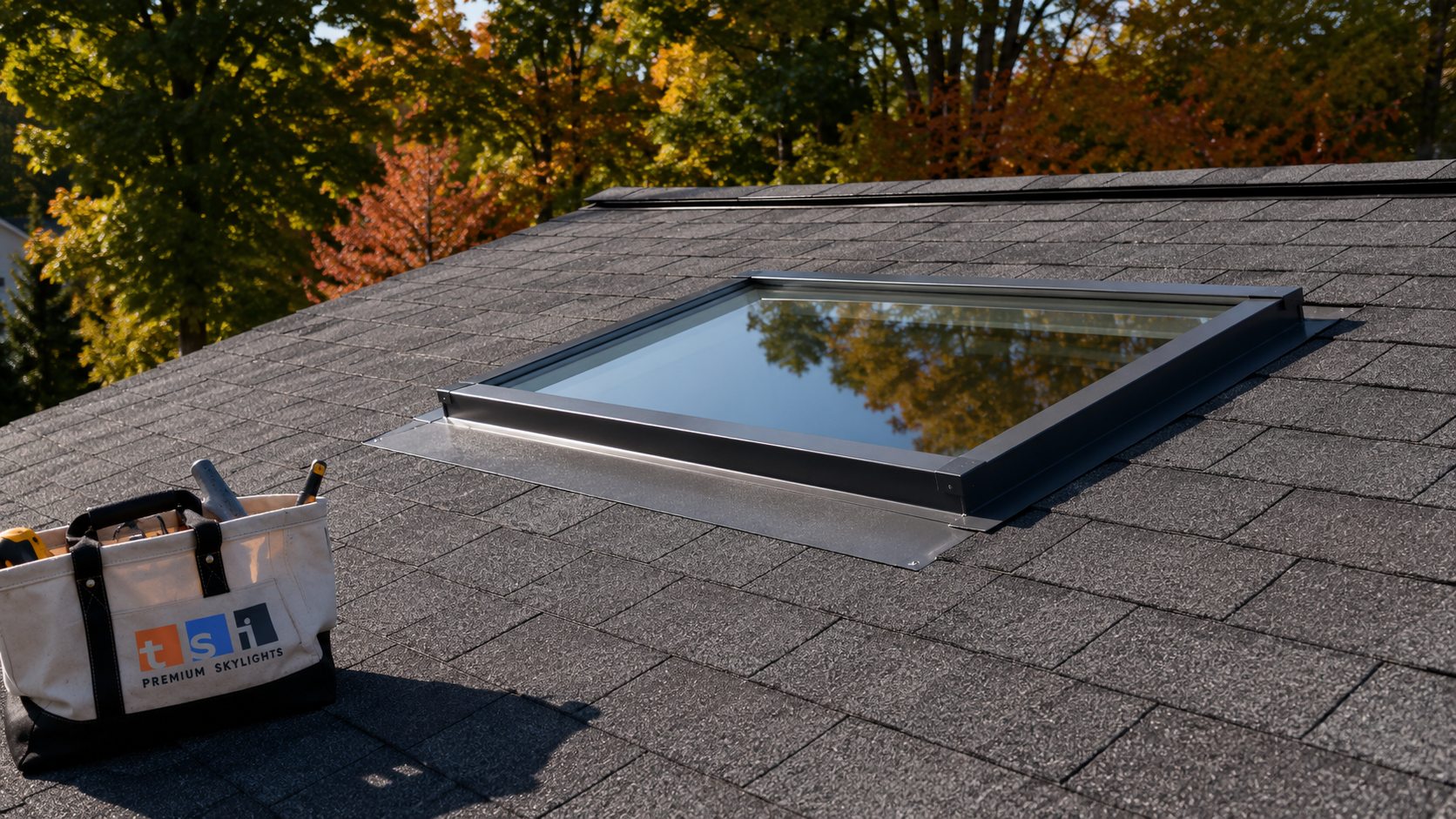 Modern glass skylight replacing an old dome on a Scarborough bungalow roof in autumn