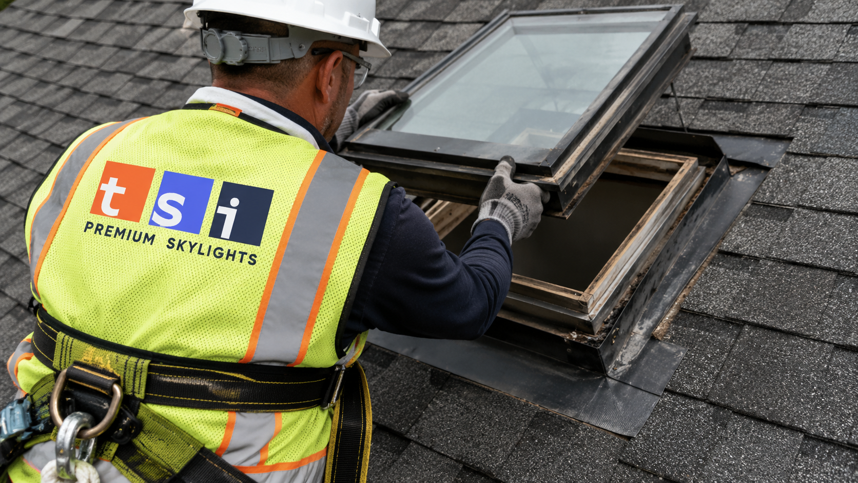 Installer stripping old flashing from a skylight opening on a Scarborough roof