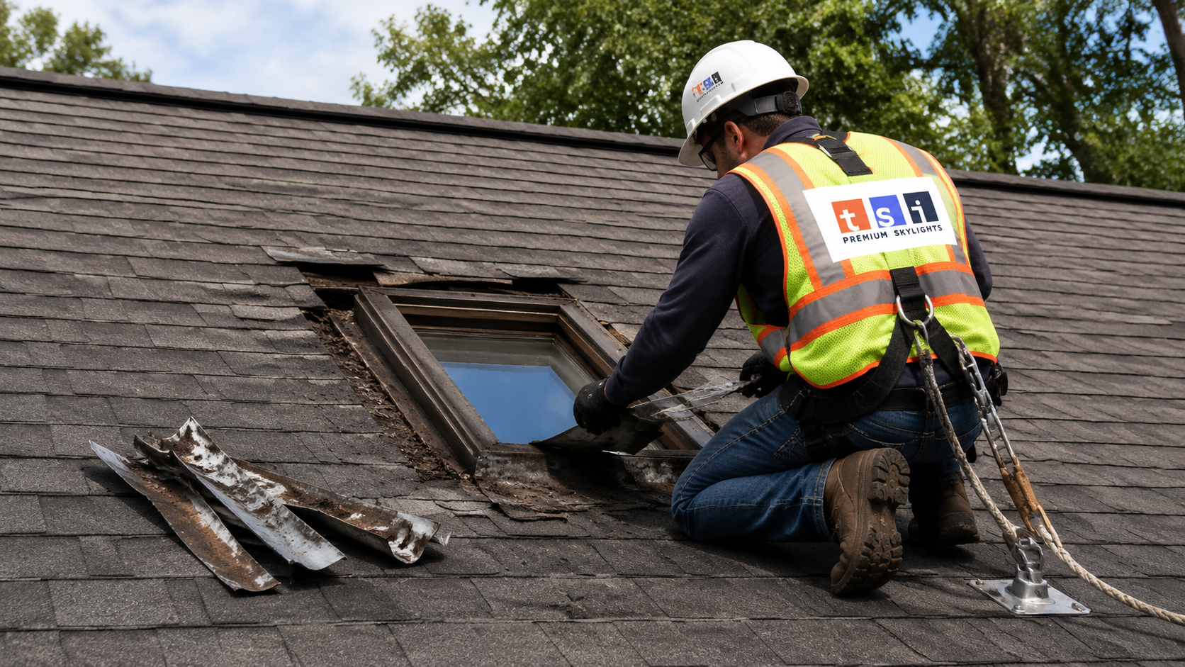 Installer stripping old flashing from a skylight opening on a Scarborough roof