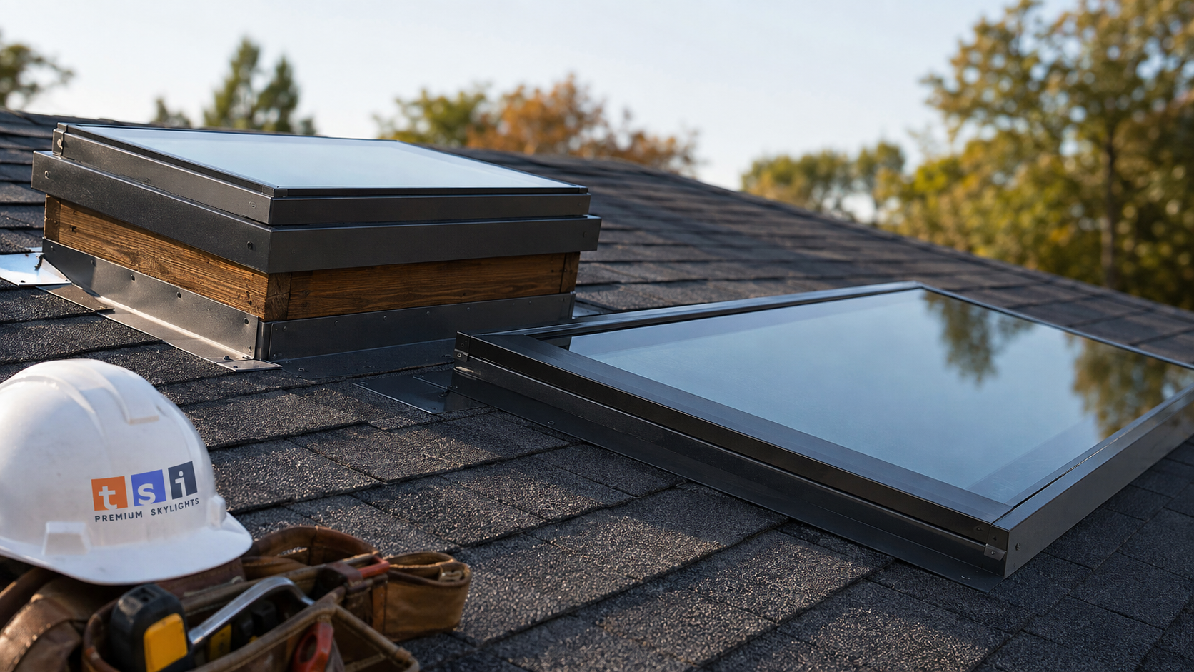 Comparison of a raised curb mounted skylight profile and a flush deck mounted one