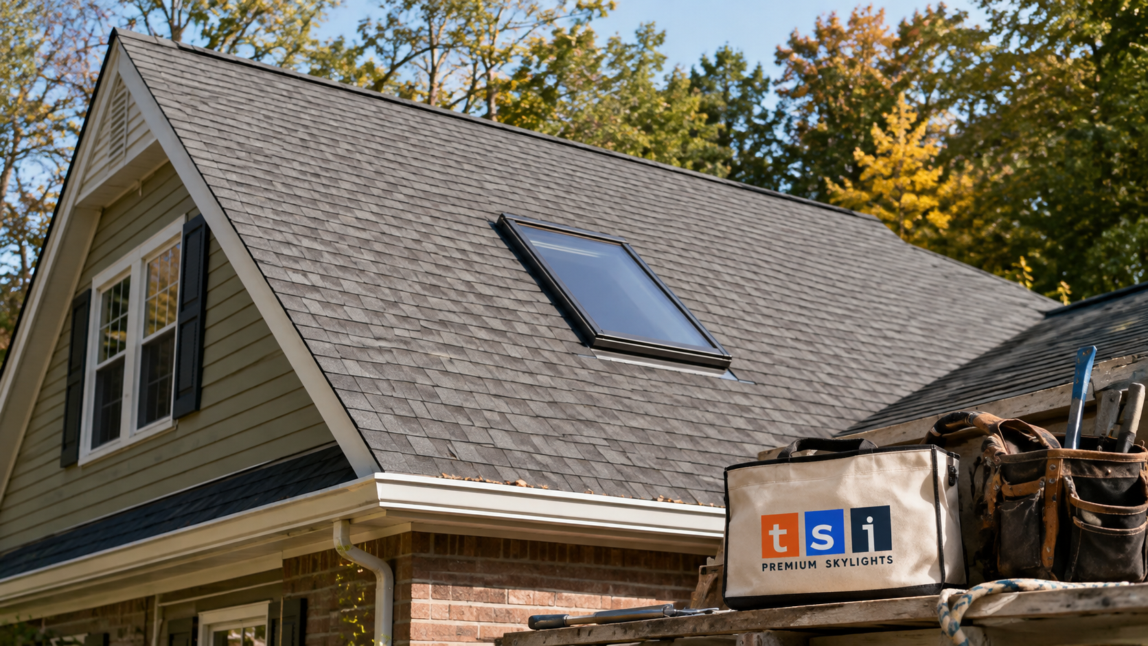 Newly replaced glass skylight on a North York roof under clear September daylight