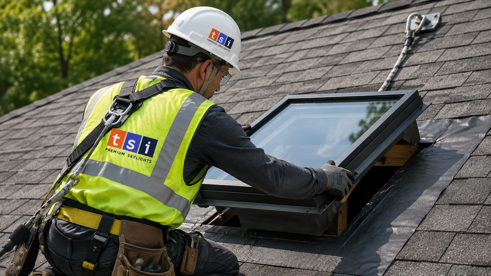 Installer setting a replacement skylight into a prepared opening on a North York roof