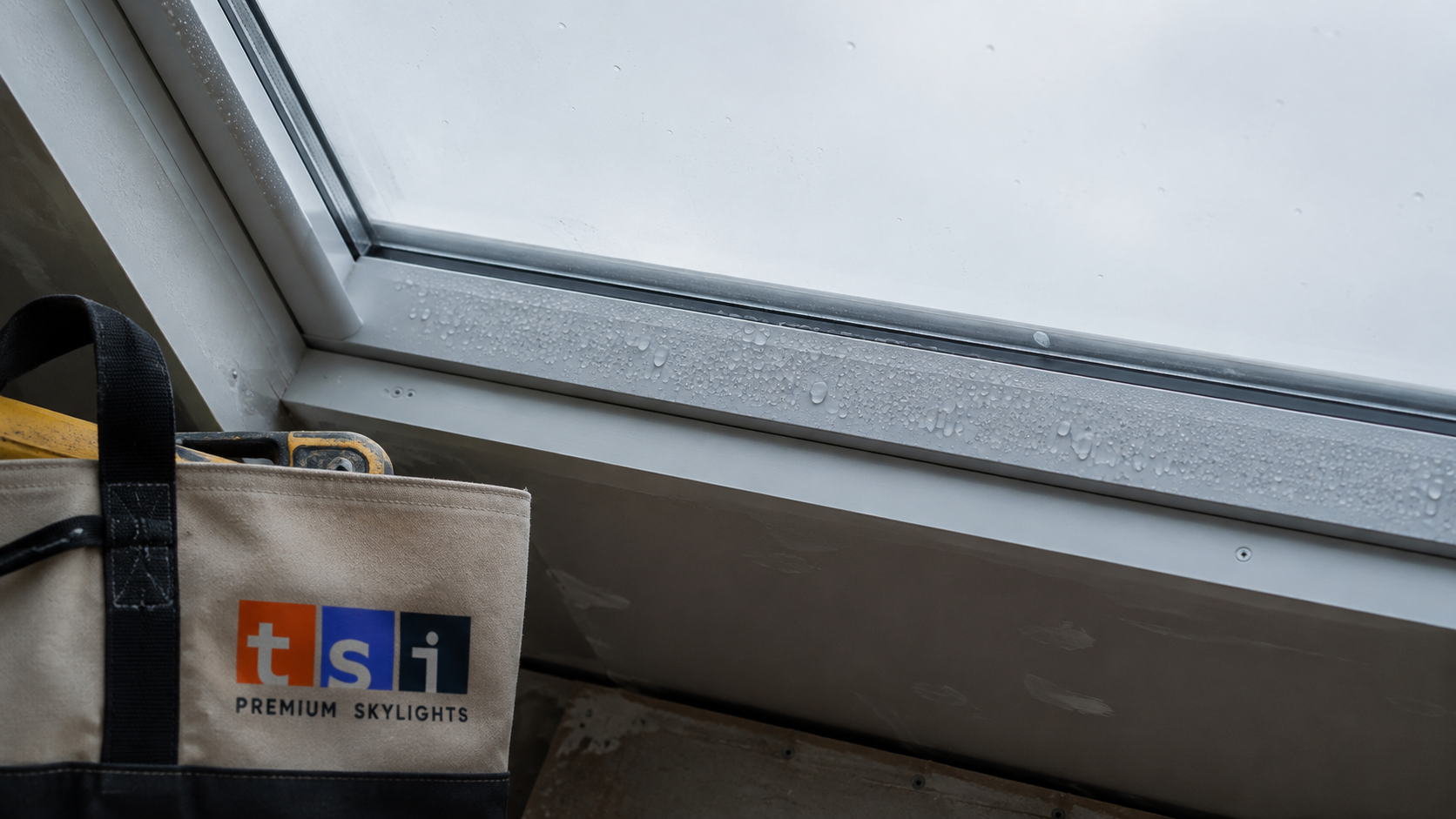 Condensation droplets forming on the interior frame of a cold skylight