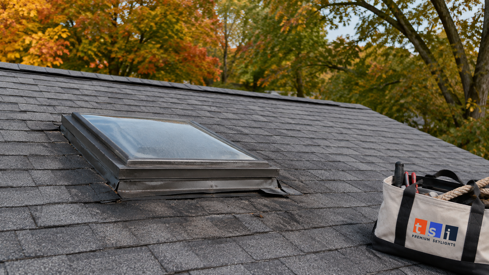 Skylight on a North York roof with visible staining on the surrounding shingles