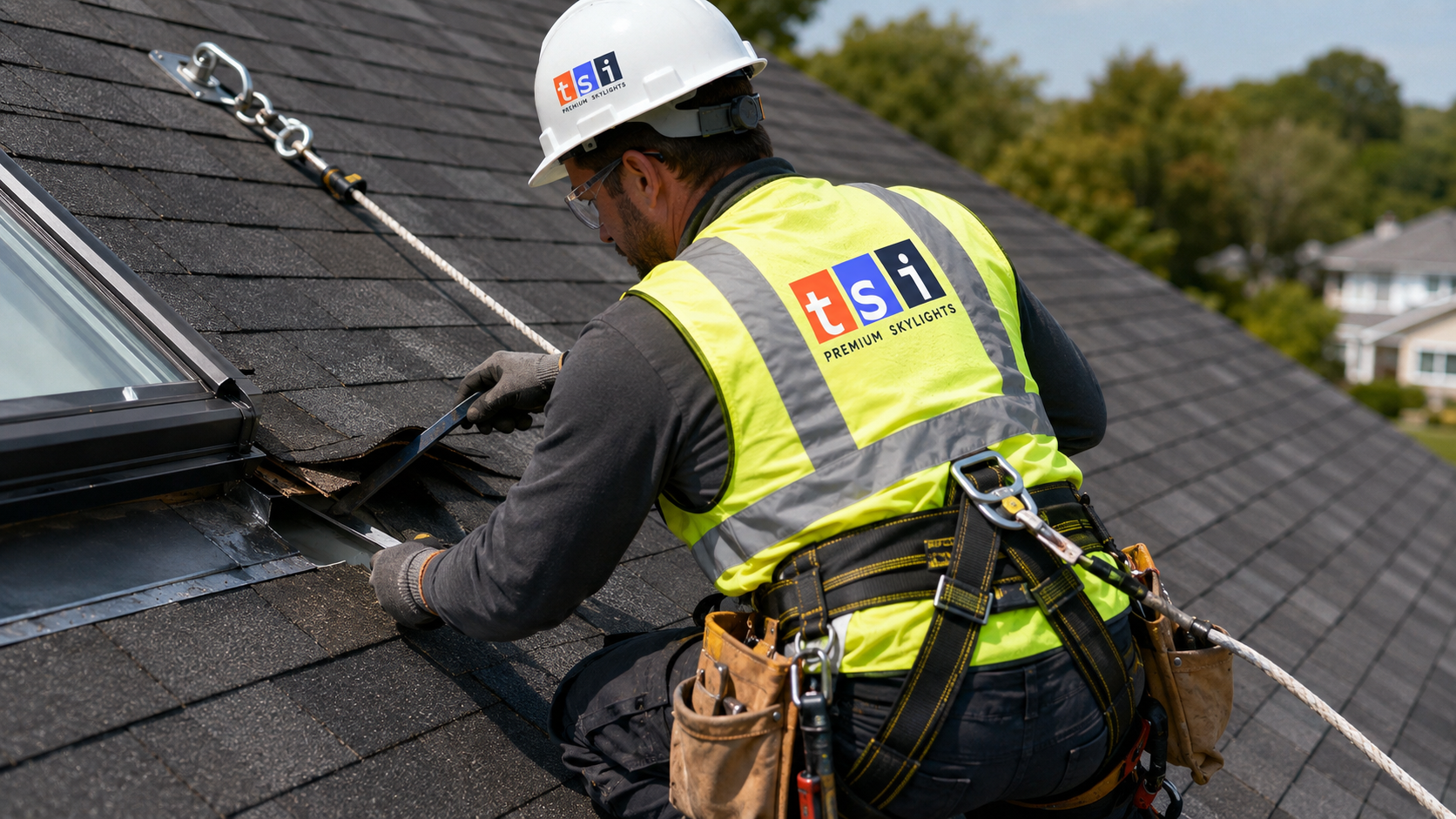 Installer lifting shingle courses to inspect skylight flashing on a North York roof