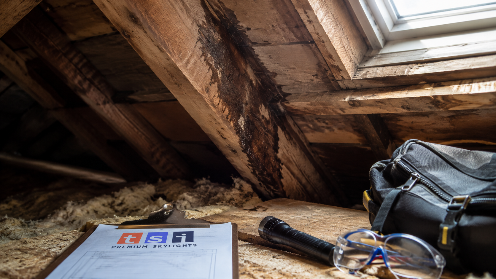 Water staining tracking along an attic rafter above a skylight opening