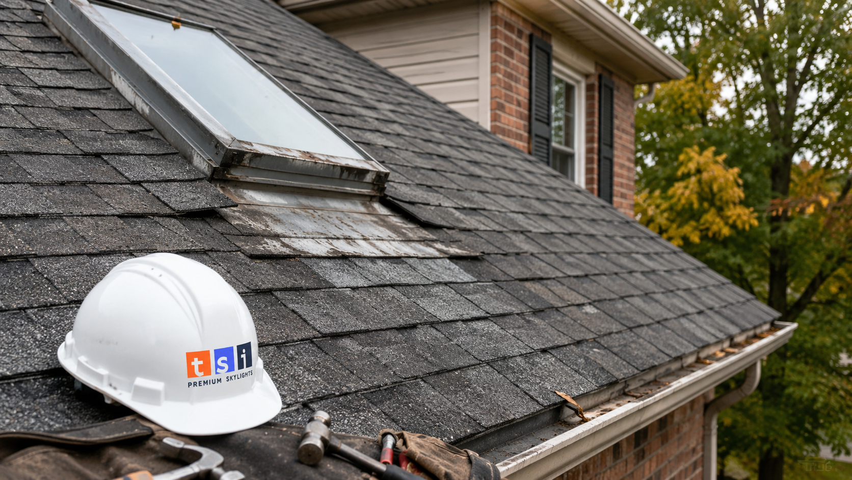 Older skylight on a steep East York roof with weathered flashing and aging shingles
