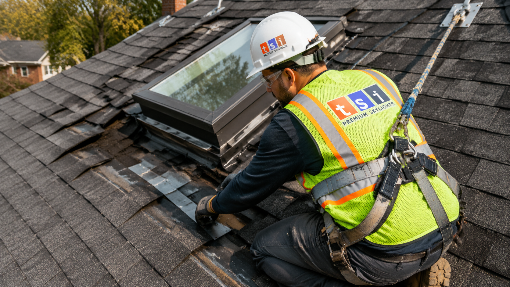Installer inspecting exposed step flashing beside a skylight on an East York roof