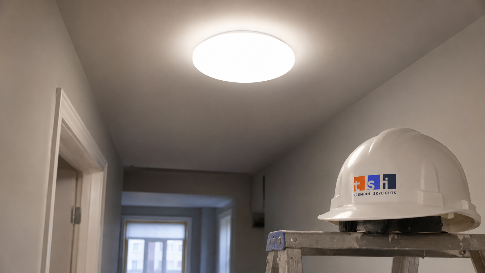 Round flush ceiling diffuser of a sun tunnel glowing with daylight in a hallway