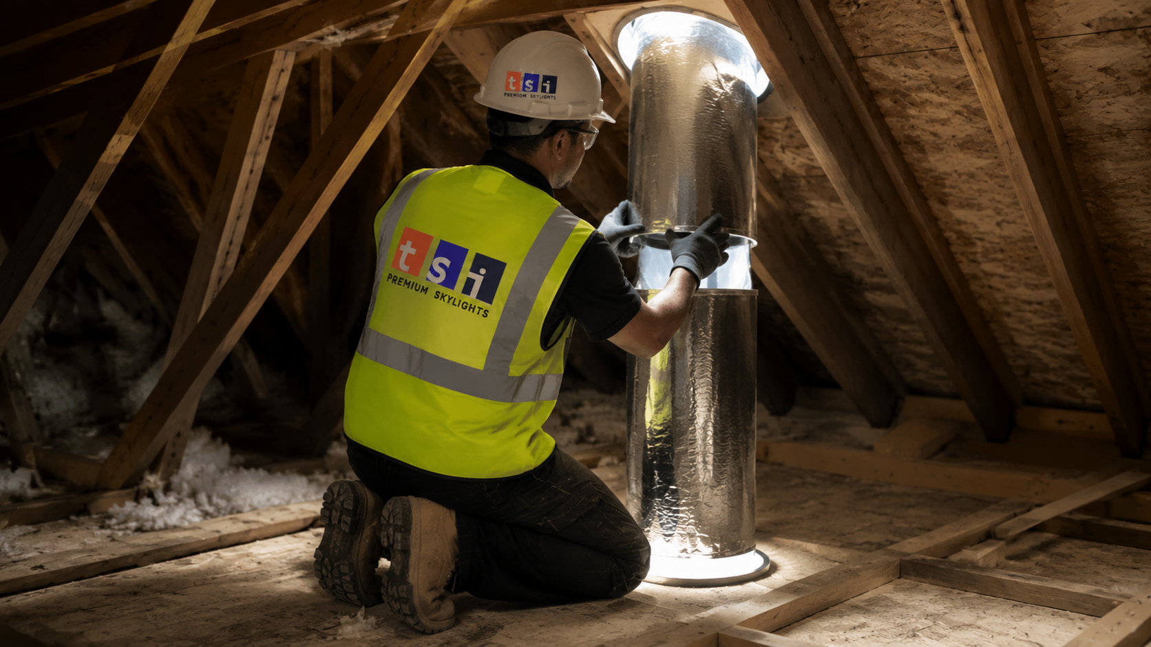 Installer fitting the reflective tube of a sun tunnel skylight inside an attic