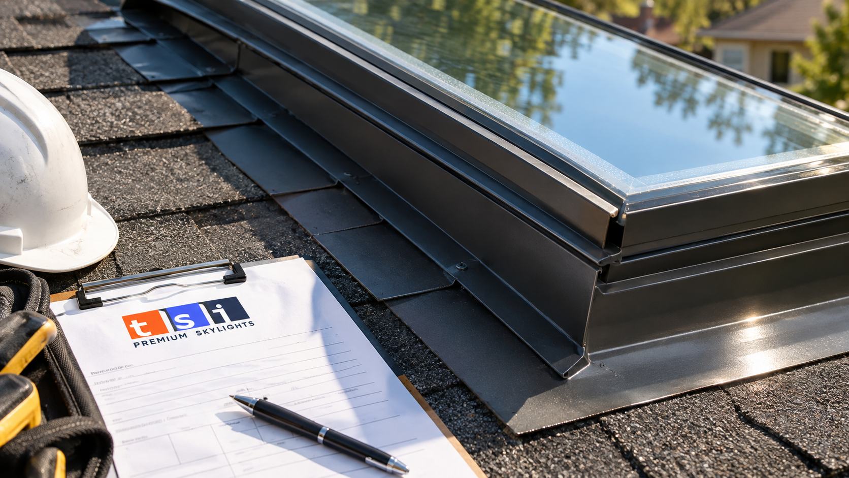Close up of new flashing and insulated glazing after skylight replacement York Region work on an asphalt shingle roof