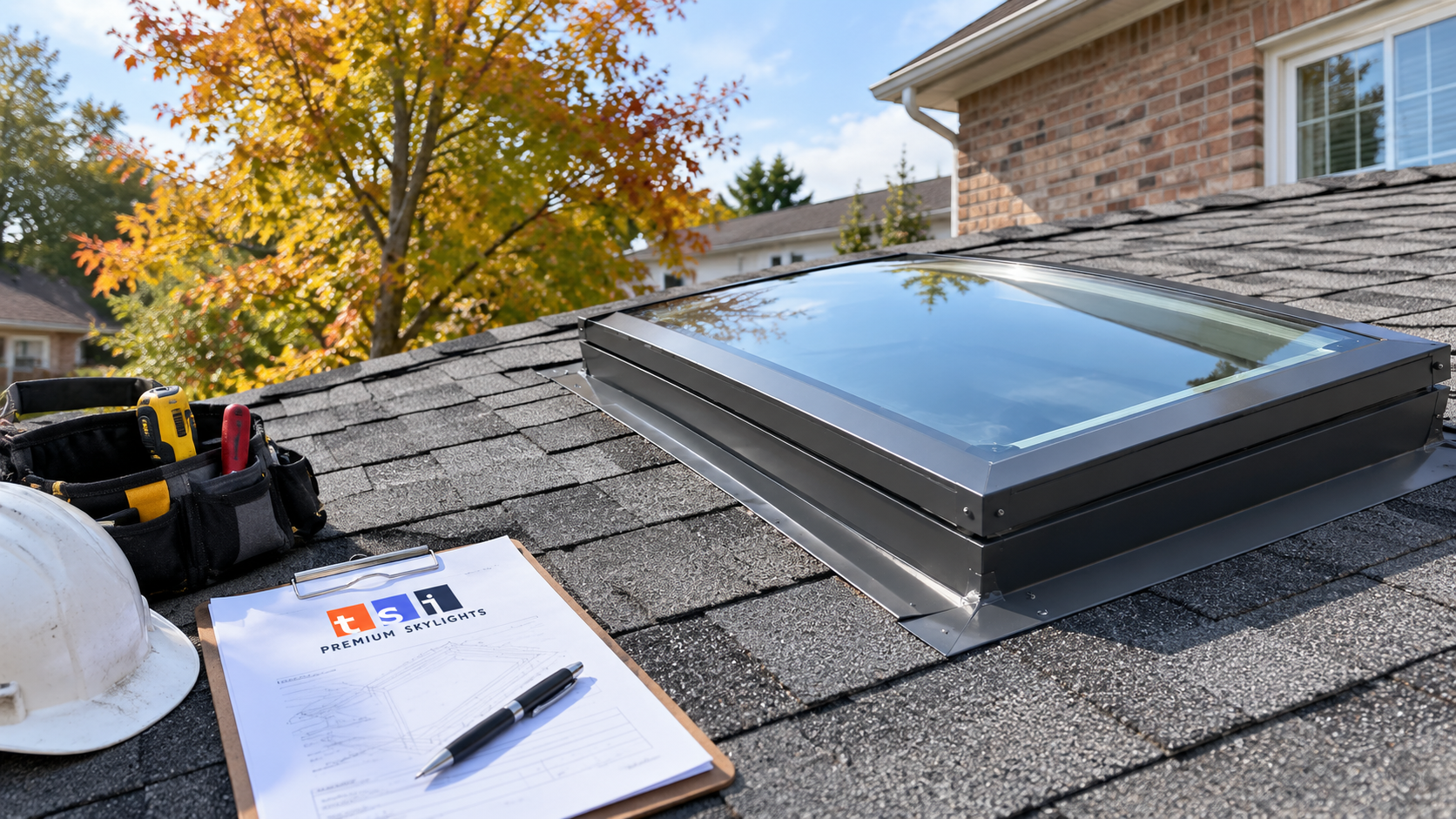 Completed skylight replacement York Region roof detail on a shingled two storey suburban home in autumn light