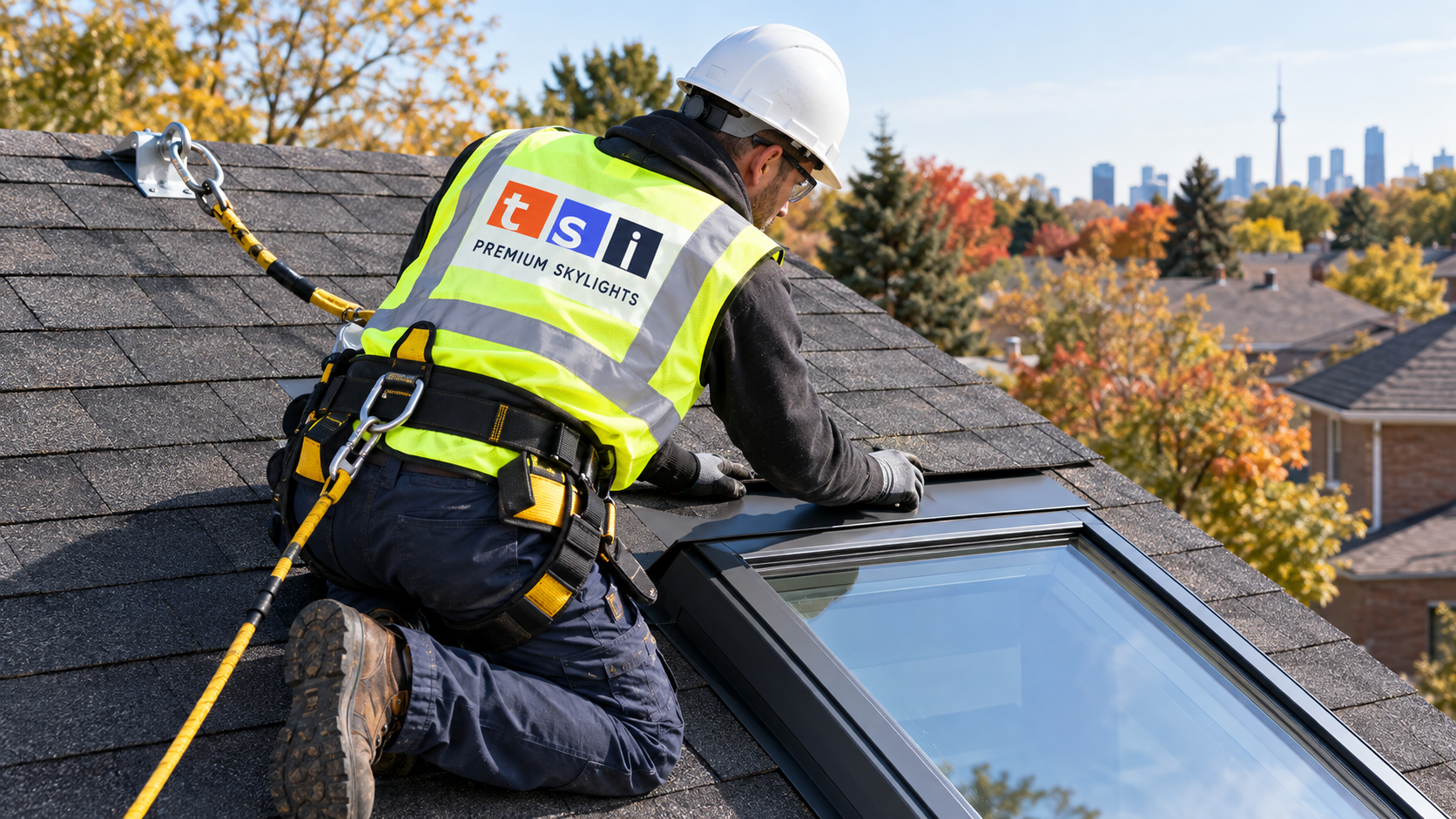 Installer completing a skylight replacement York Region job on a sloped shingle roof wearing full fall protection