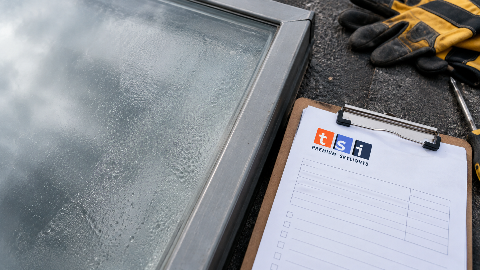 Close up of failed insulated glass showing why skylight replacement Vaughan homeowners cannot repair a fogged unit
