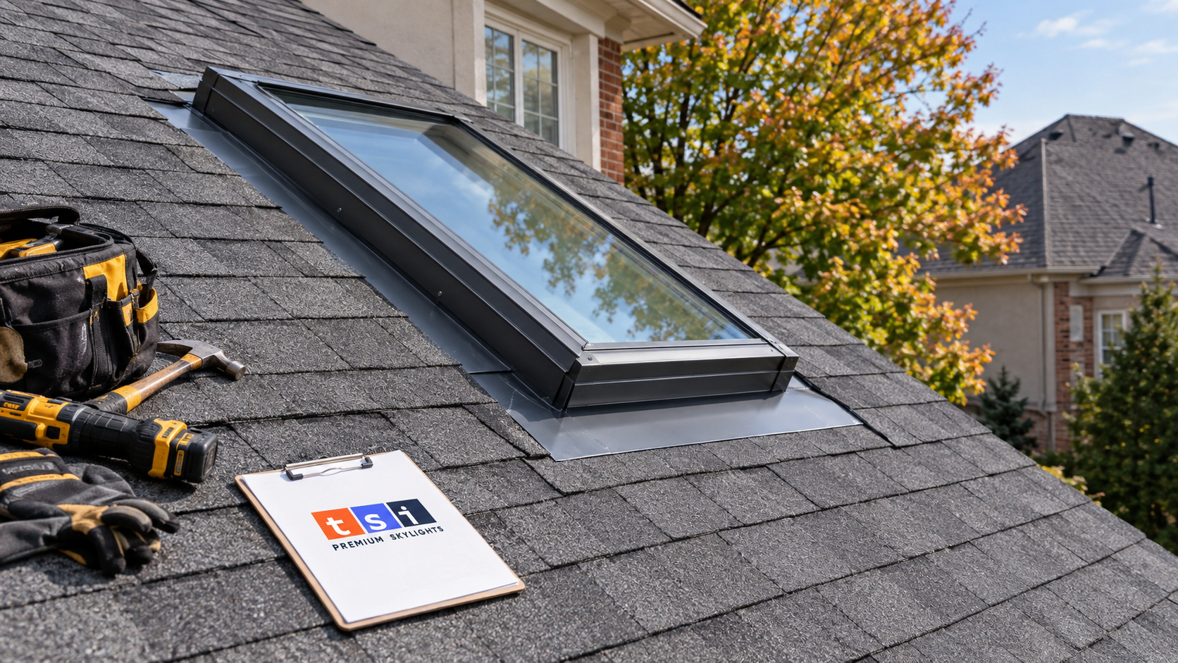 New skylight replacement Vaughan install seen on a steep shingle roof of a 1990s two storey suburban home