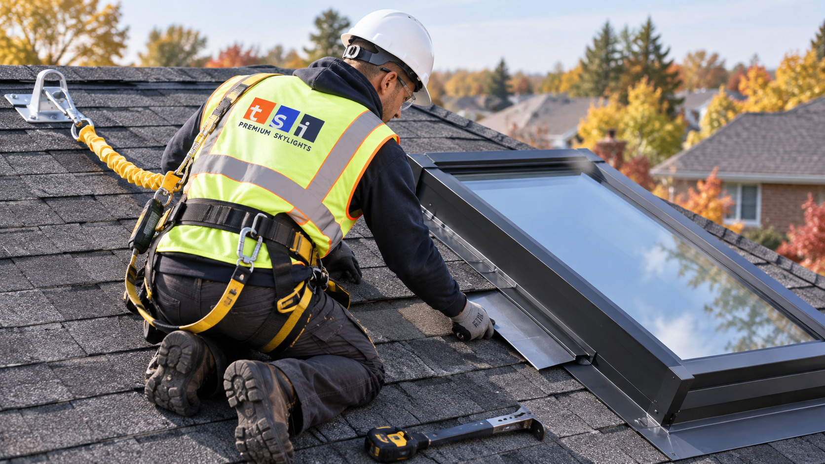 Roofer performing skylight replacement Vaughan work on a sloped roof wearing a harness and full protective equipment