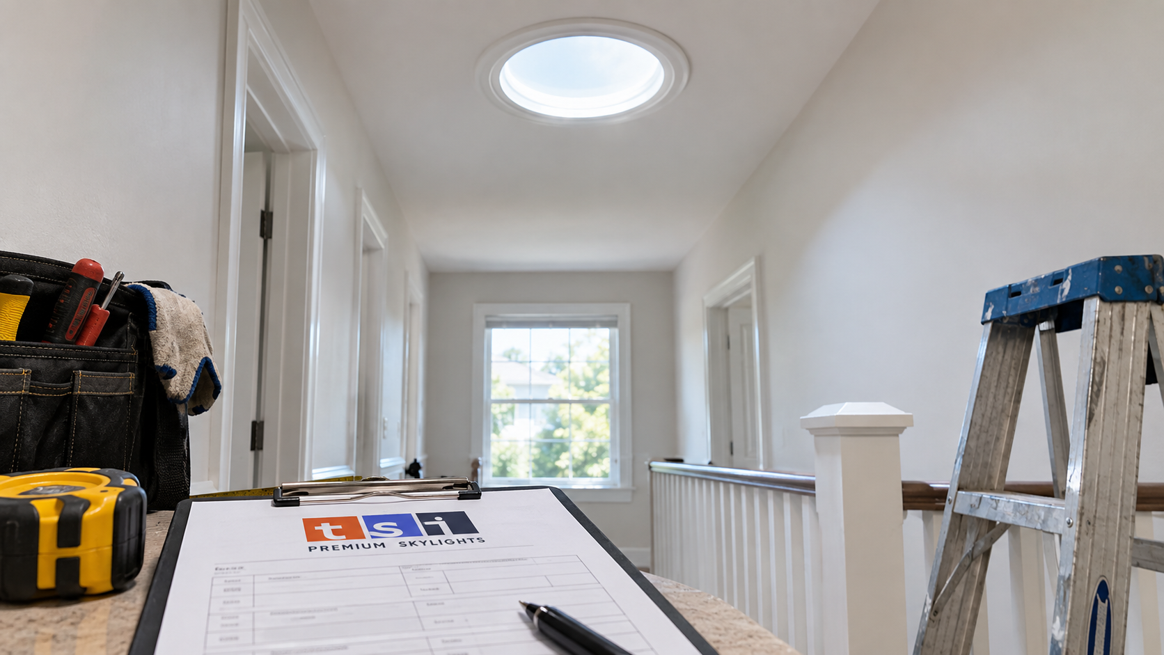Ceiling diffuser of sun tunnel skylights Vaughan homeowners use to brighten a windowless upstairs hallway