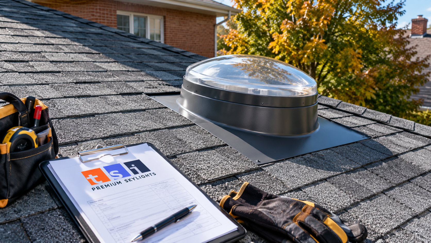 Sun tunnel skylights Vaughan installation shown as a low profile roof dome on a suburban shingle roof in autumn