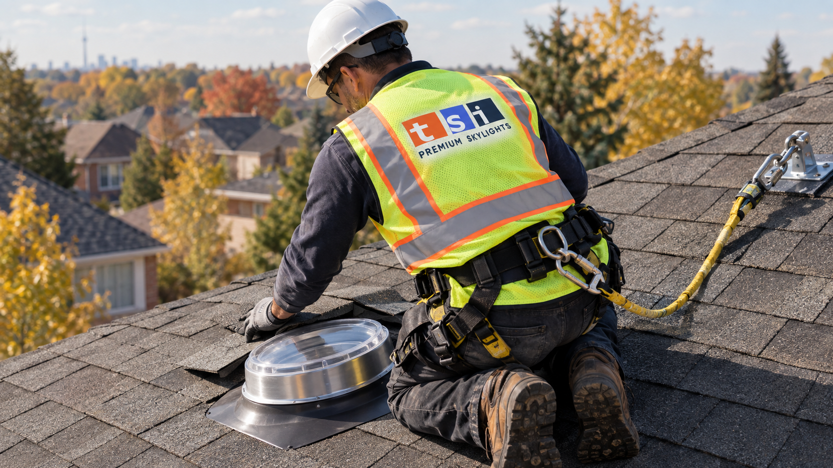 Installer fitting sun tunnel skylights Vaughan roof dome and flashing on a sloped asphalt shingle roof