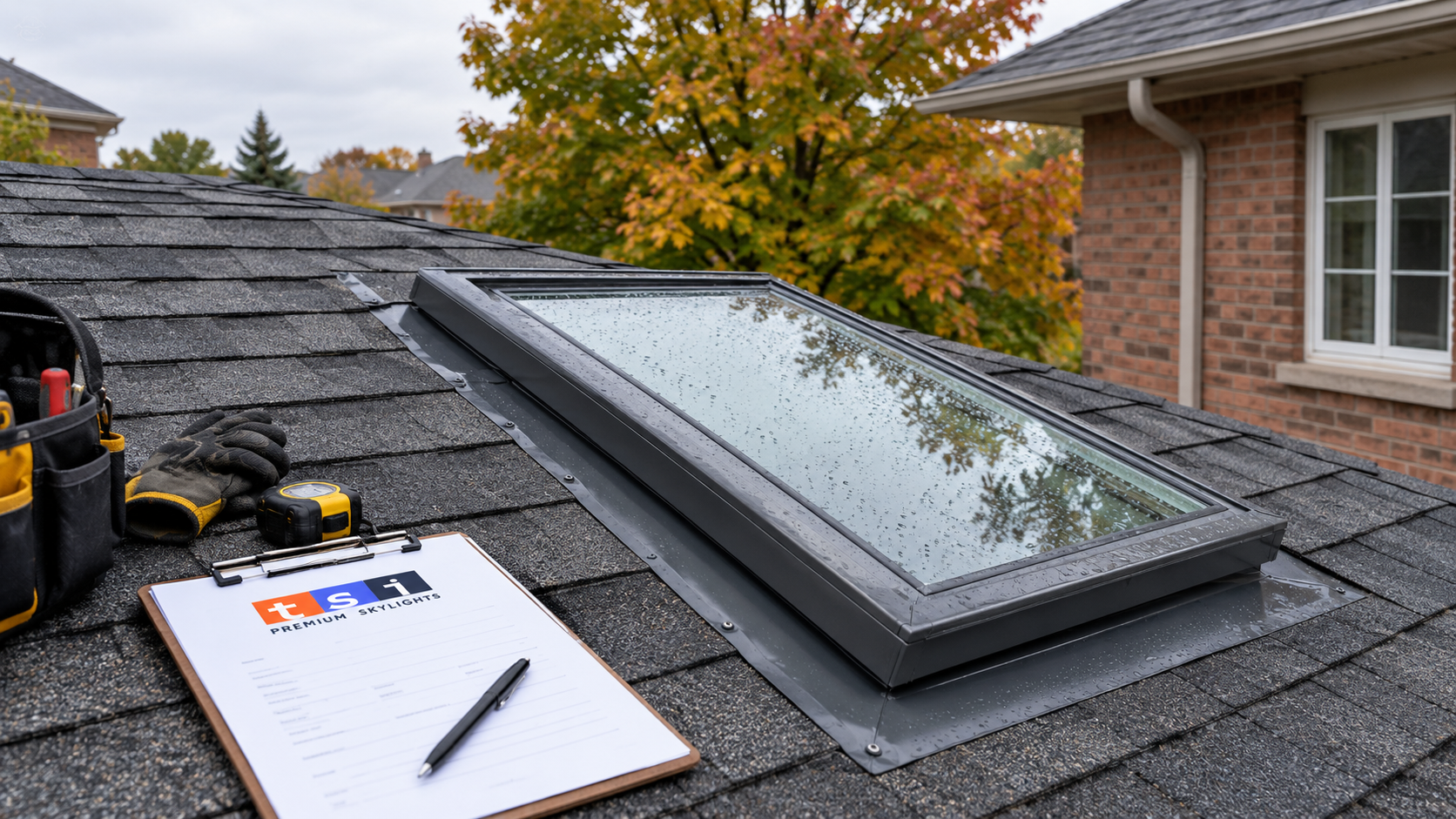 Skylight repair Markham roof detail showing flashing and shingle courses around a residential skylight in autumn
