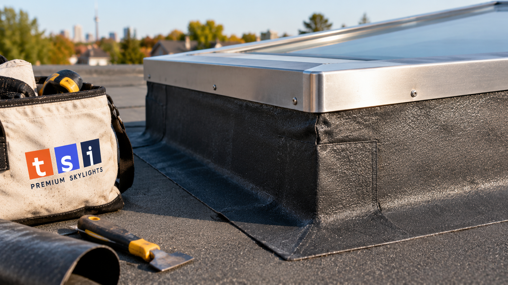 Close up of curb, membrane upstand and counterflashing on flat roof skylights Markham installers fit on low slope roofs