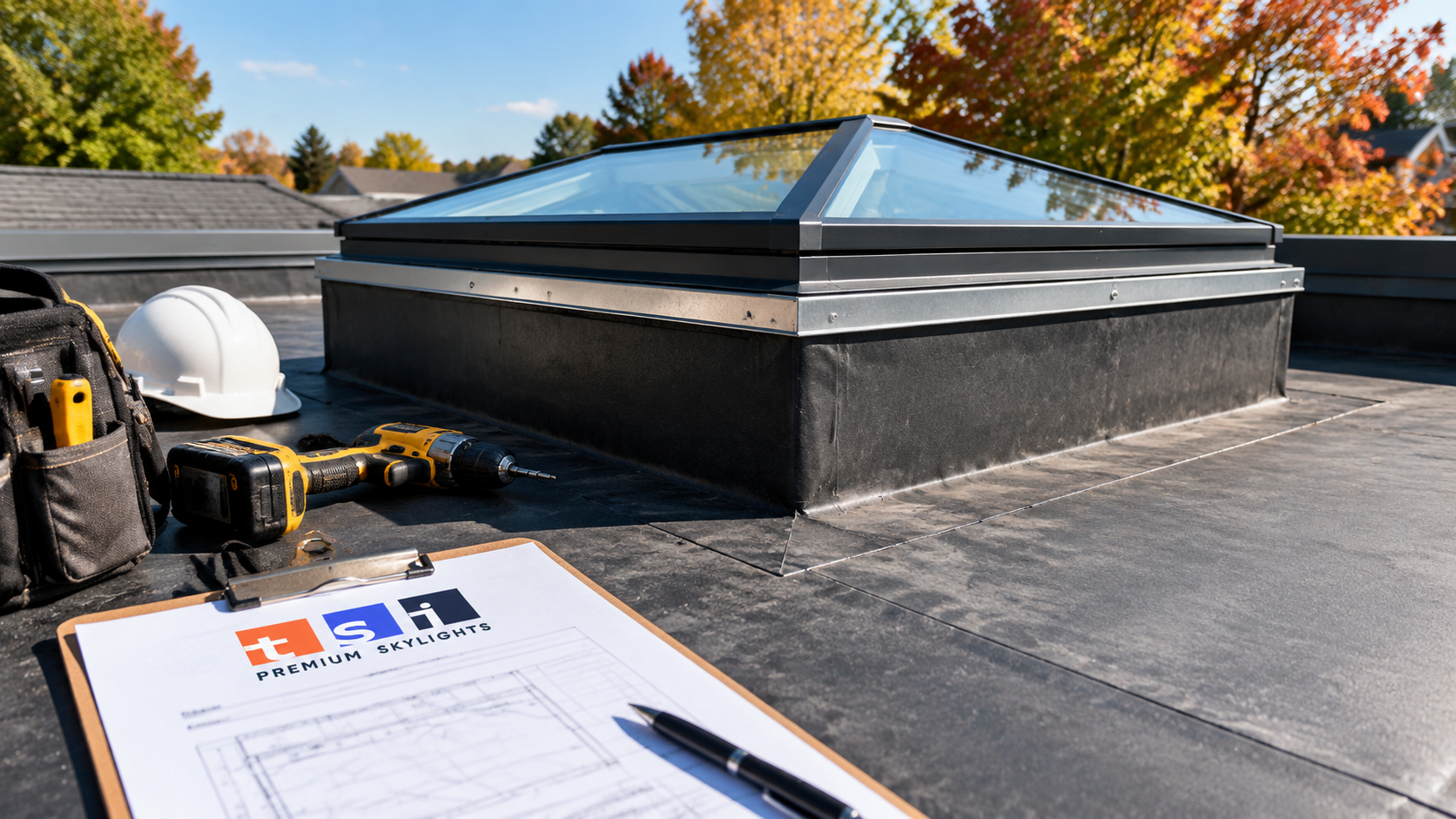 Flat roof skylights Markham detail showing a raised curb and membrane termination on a low slope residential roof