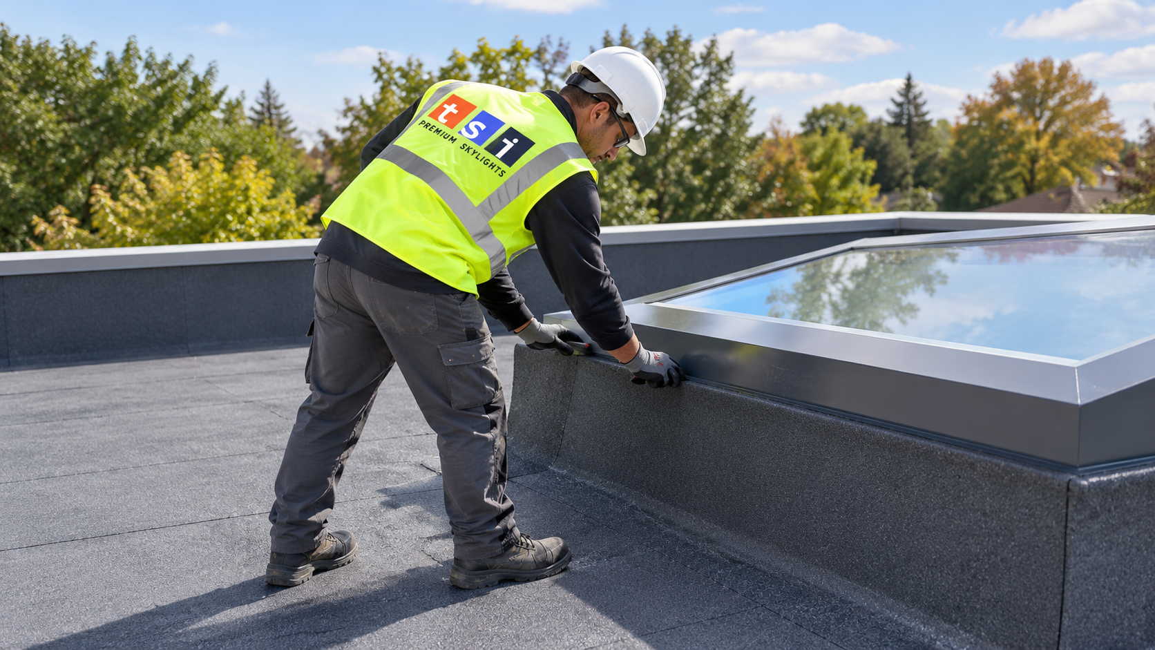 Installer completing flat roof skylights Markham membrane work around a raised curb on a low slope roof