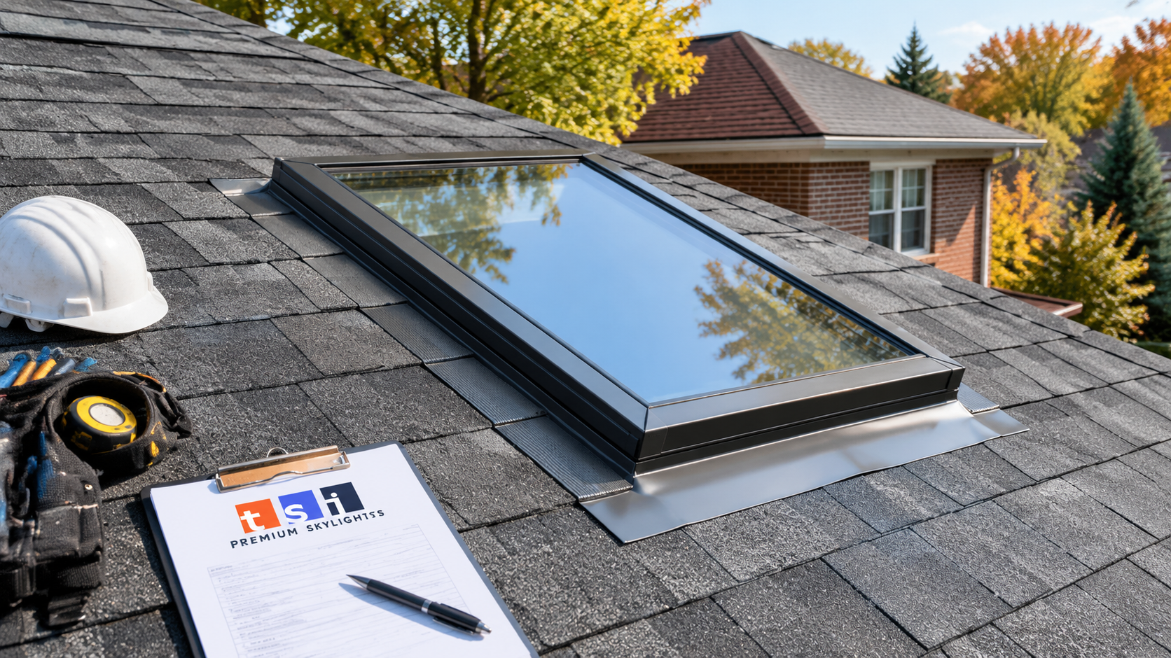 Completed skylight replacement Richmond Hill work shown on a shingled suburban roof in early autumn daylight