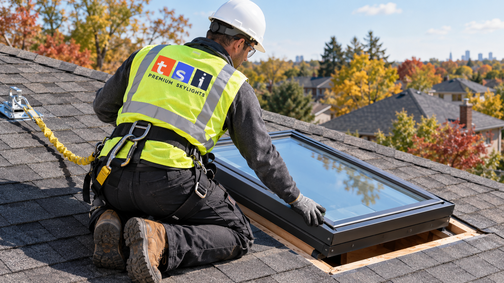 Roofer setting a new unit during skylight replacement Richmond Hill work on a sloped shingle roof
