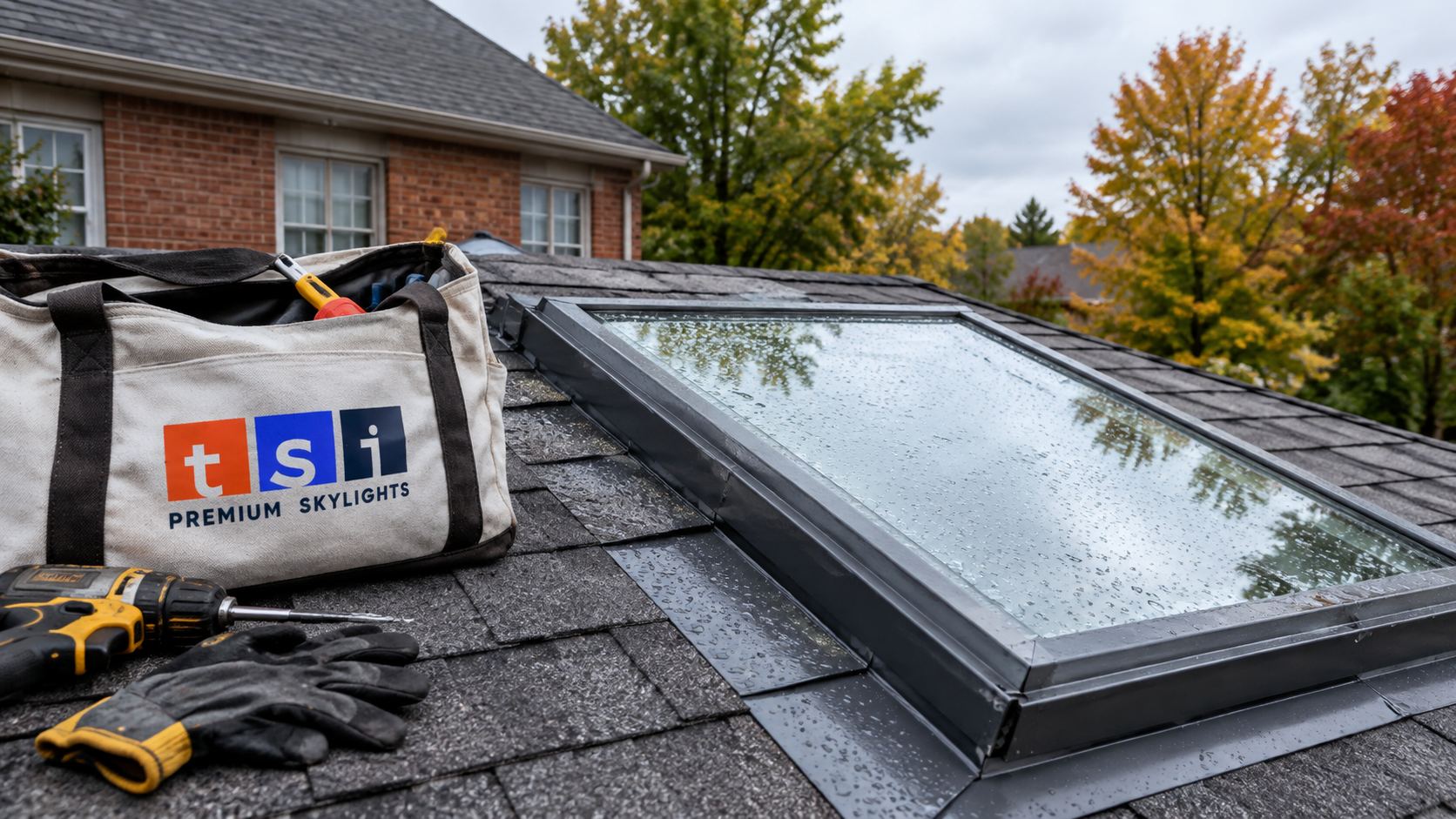 Skylight repair Newmarket roof view showing flashing and shingle courses around a residential skylight after rain