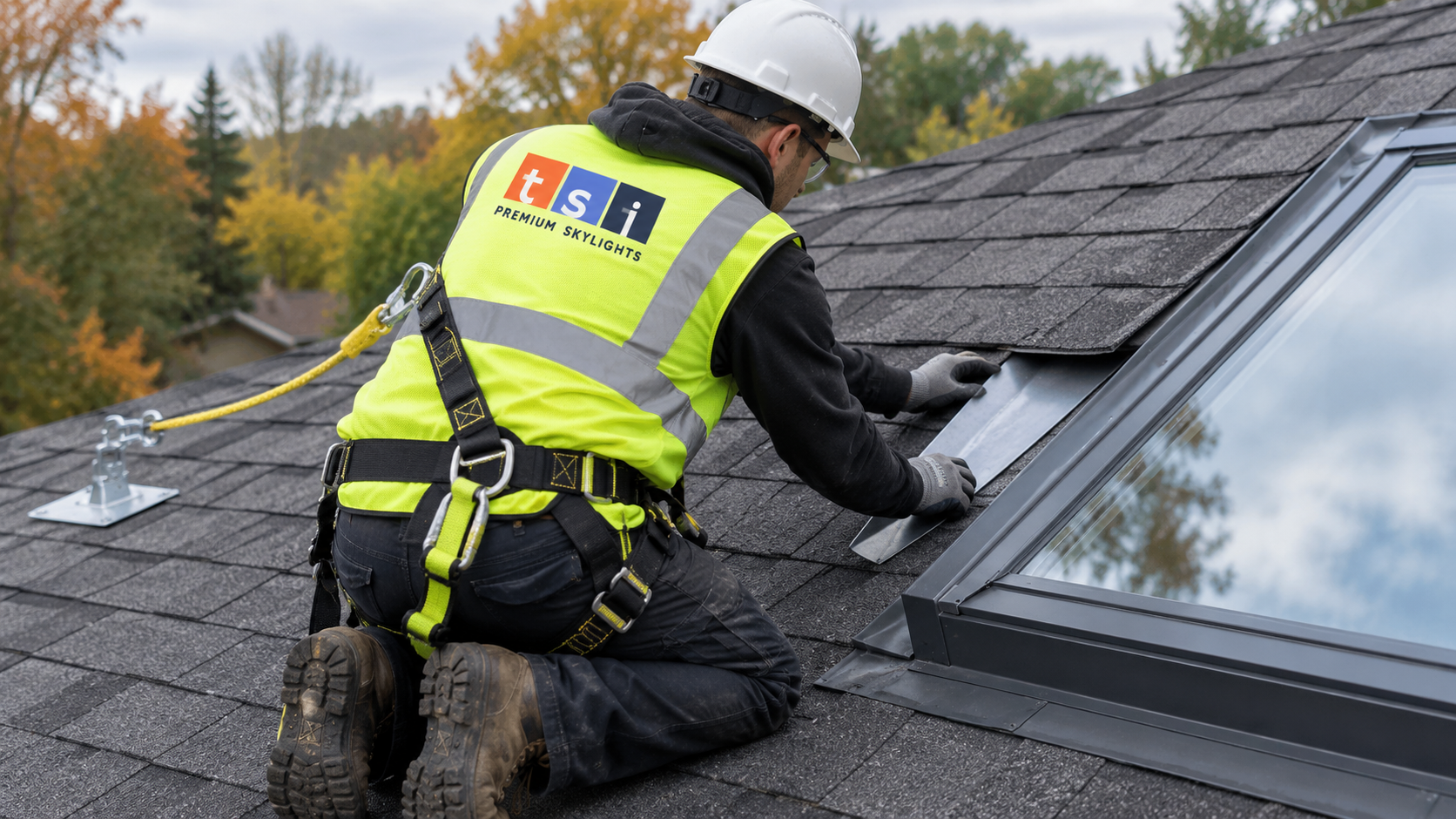 Installer carrying out skylight repair Newmarket flashing work on a sloped shingle roof with fall protection