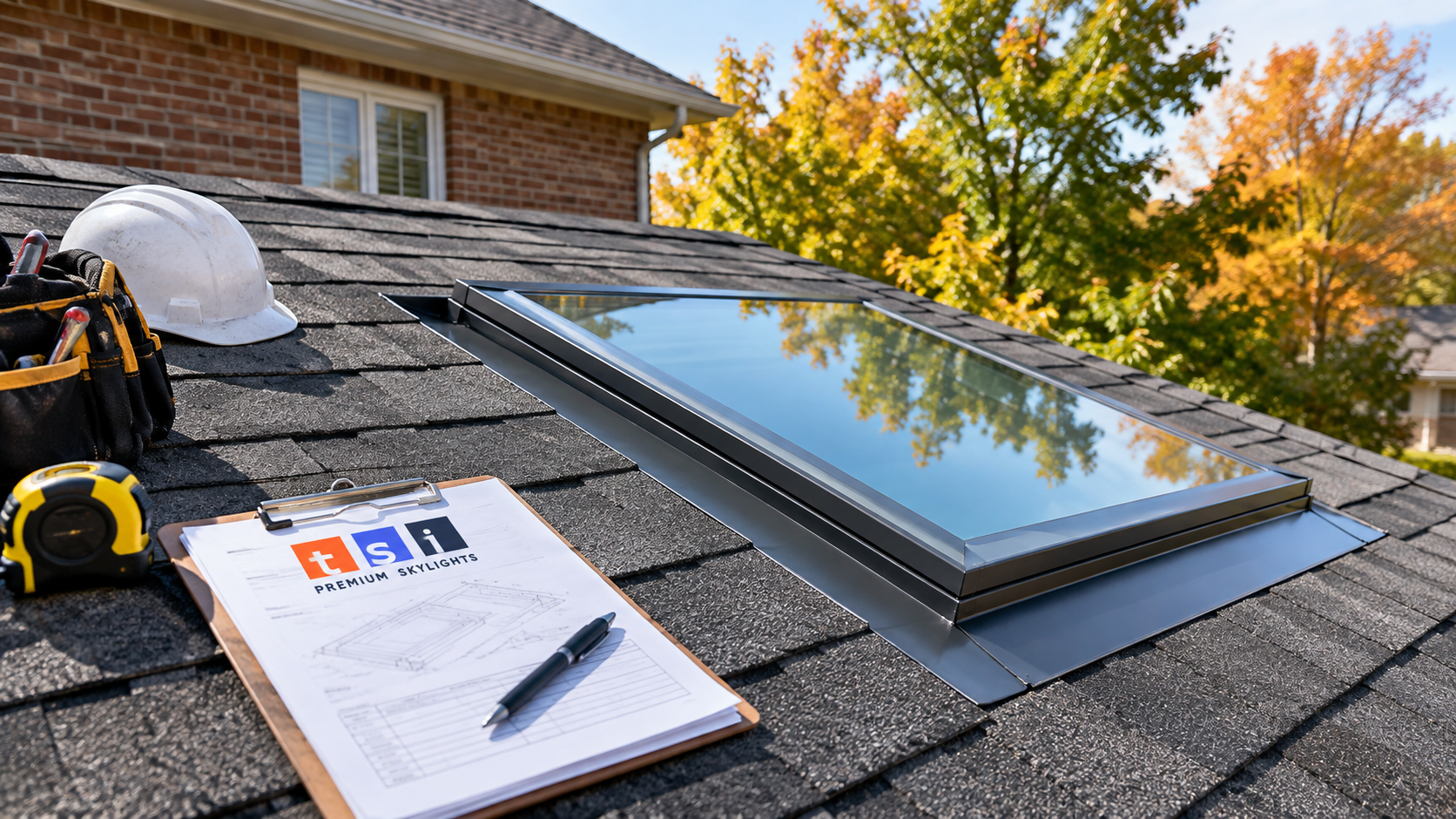 Skylight replacement Aurora result shown as a new unit set into a shingle roof on a suburban home in autumn