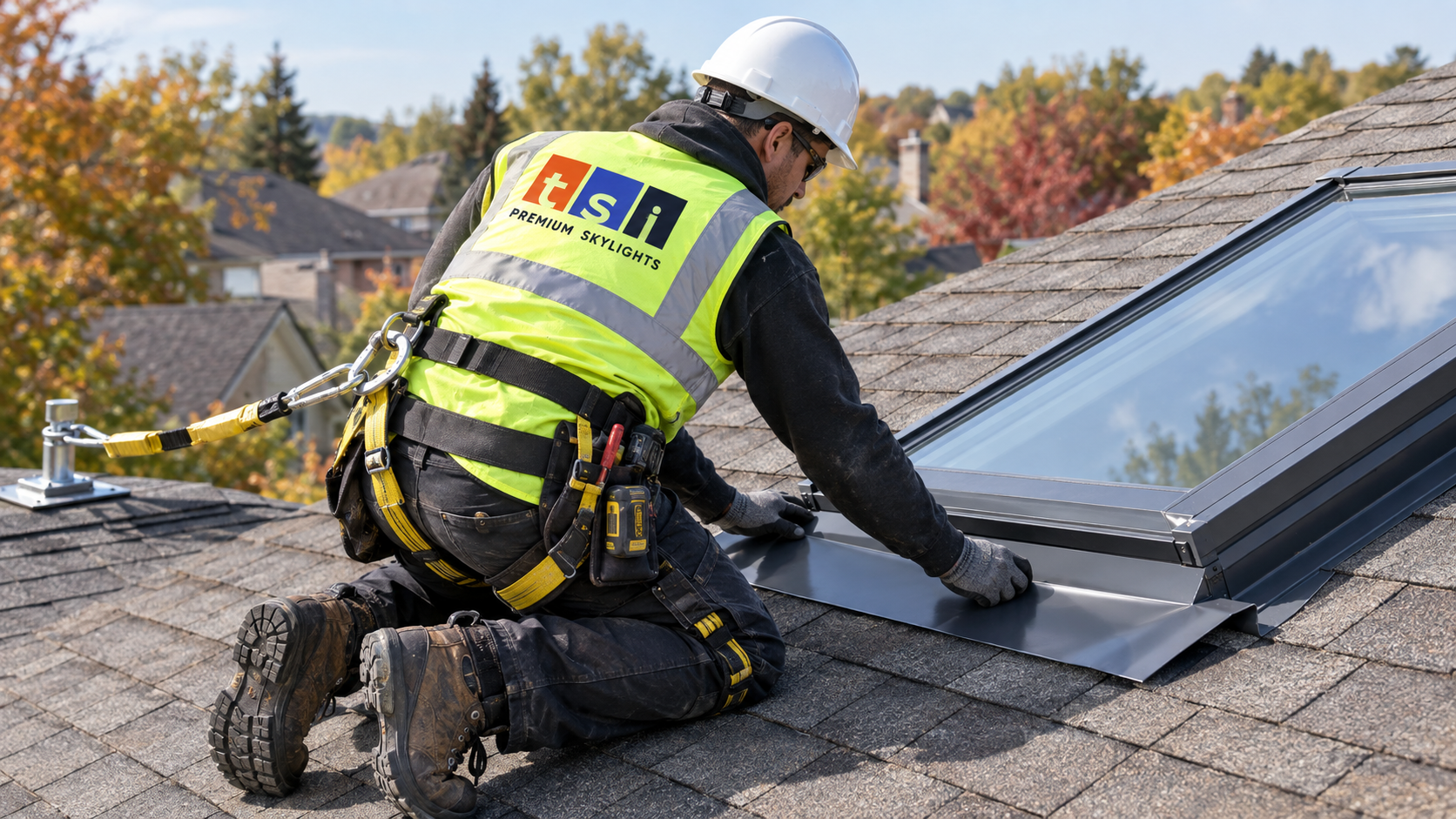 Roofer installing a new unit during skylight replacement Aurora work on a sloped shingle roof