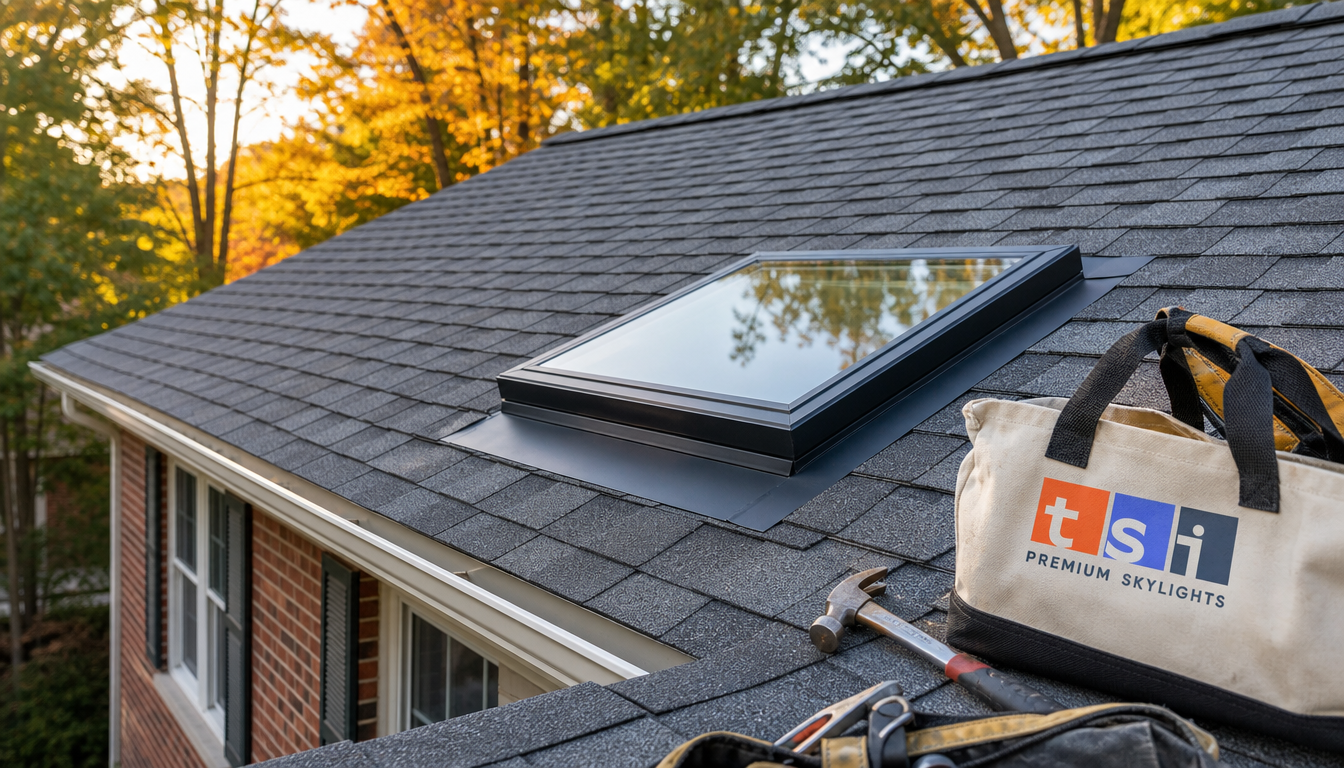 Skylight installation Stouffville example showing a new unit set into a shingle roof on a suburban home in autumn