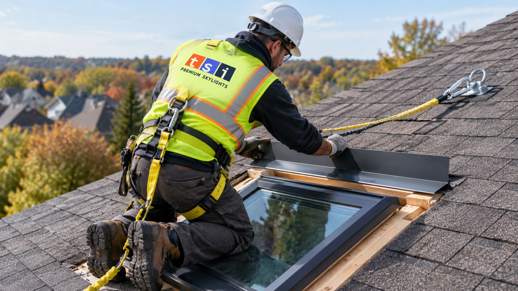 Installer completing a skylight installation Stouffville project on a sloped shingle roof with fall protection