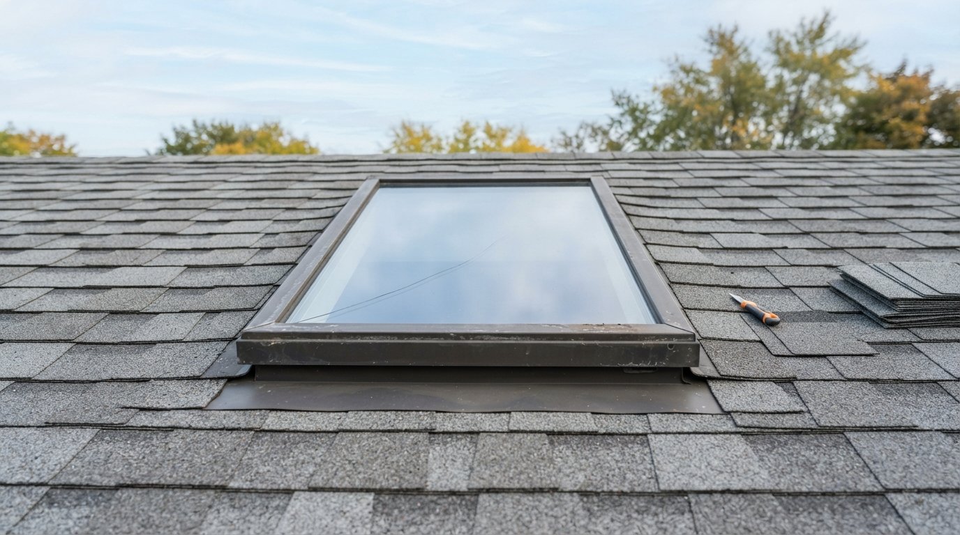 Skylight with a single stress crack across the inner pane, a typical case for skylight glass replacement