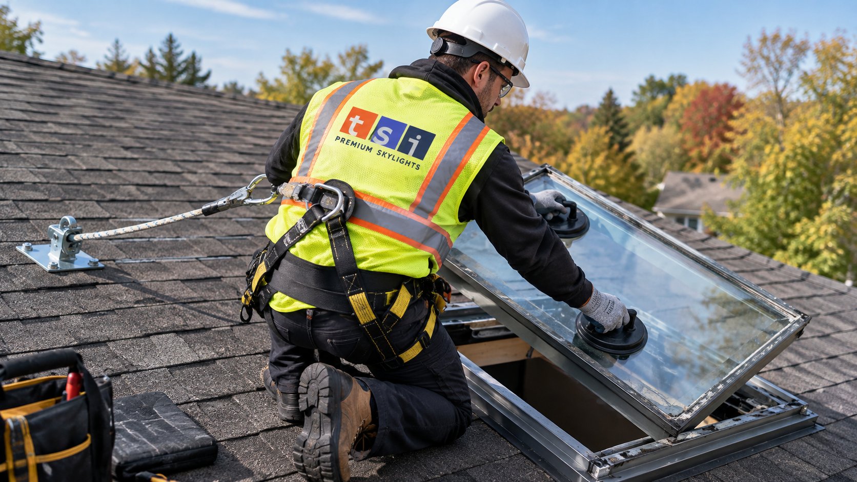 Technician removing an old sealed pane from a skylight frame during skylight glass replacement on a pitched roof