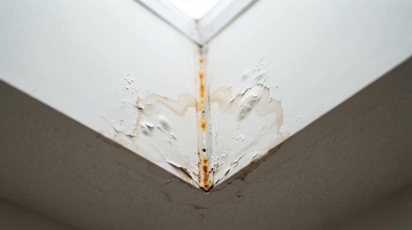 Close-up of bubbled paint and rusted corner bead from skylight water damage at a ceiling opening