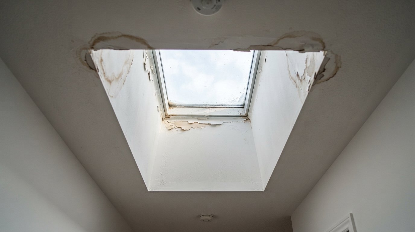 Brown water stains on the drywall of a skylight shaft, a typical sign of skylight water damage in a home