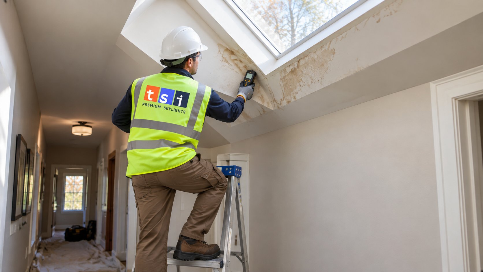 Technician using a handheld moisture tester on a skylight shaft to trace the source of skylight water damage indoors