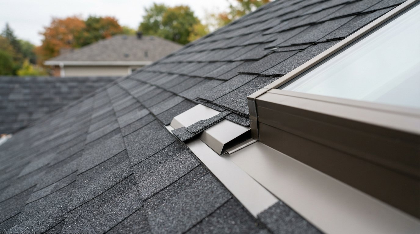 Close-up of new step flashing woven into fresh shingles beside a skylight during a roof replacement