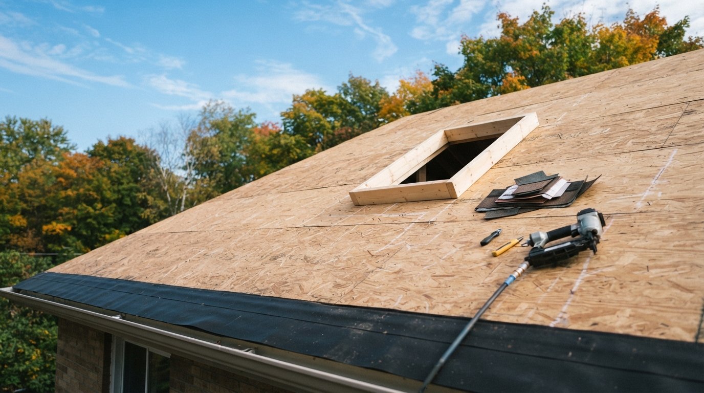 Pitched roof stripped to the deck around a skylight opening, showing skylights during a roof replacement