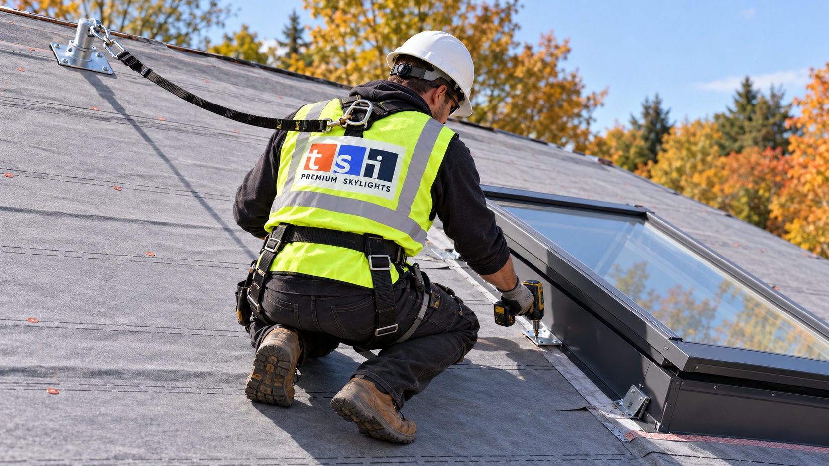 Installer setting a new skylight frame on bare roof deck, coordinating skylights during a roof replacement